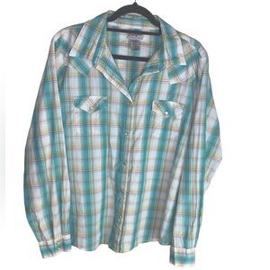 Wrangler Wrancher Wm’s Sz 3XL Green Yellow Checkered Pearl Snap Western Shirt